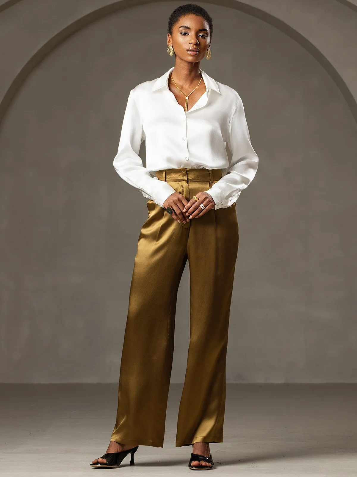 19Momme Fashionable Classic Silk Suit Wide-Leg Pants