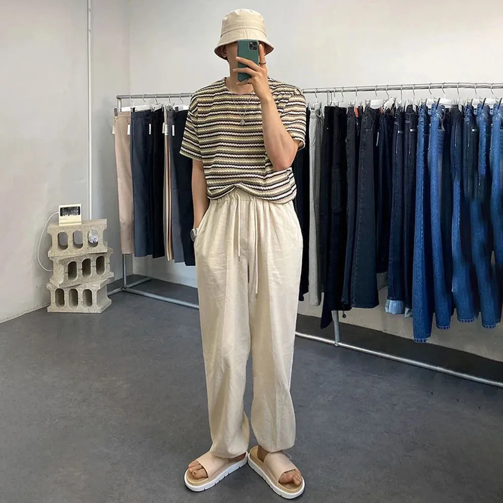 Aidase Mens Cotton Linen Casual Straight Leg Cinch Pants Genderless 2024 New Summer Fashion Simple Youth Thin Solid Color Pants Unisex