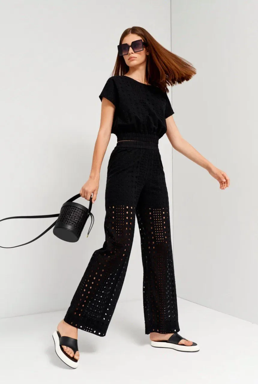 Black High Rise Broderie Wide Leg Pants