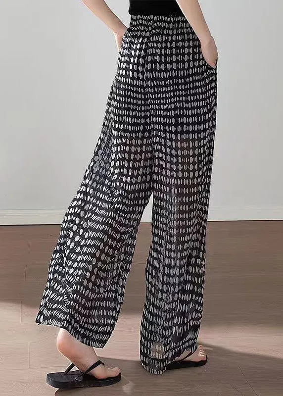 Boho Black Pockets Print Elastic Waist Chiffon Pants Summer QQ1060