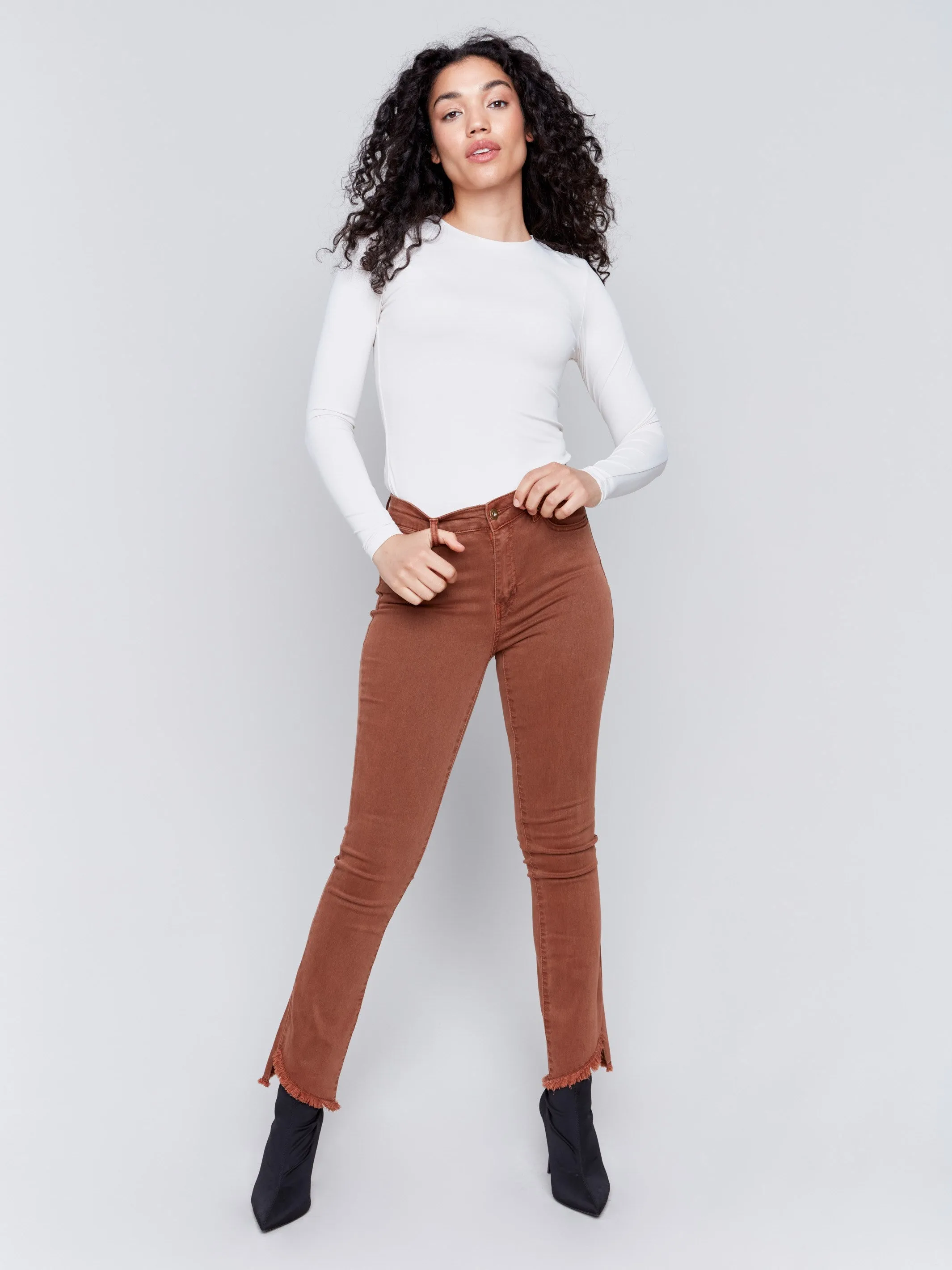 Bootcut Twill Pants with Asymmetrical Hem - Terracotta