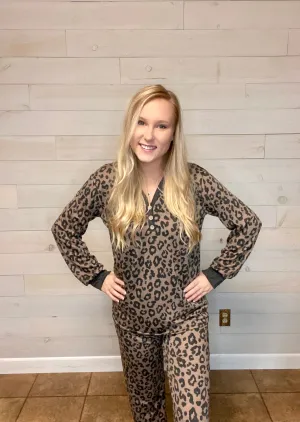 Brown Leopard V Neck Lounge Set