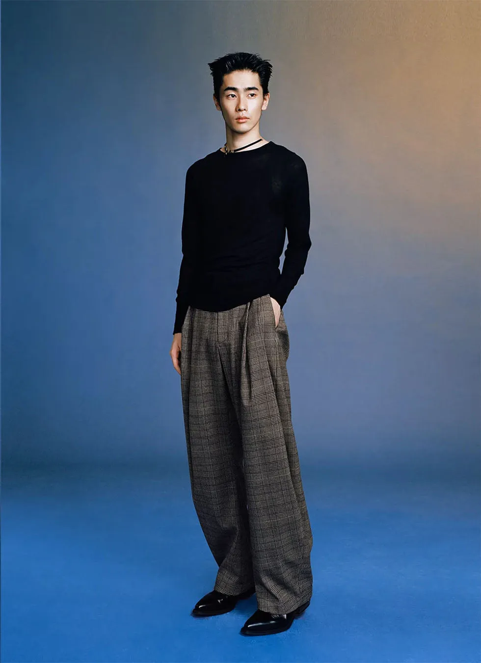 Chidori plaid wide-leg double-pleated casual pants