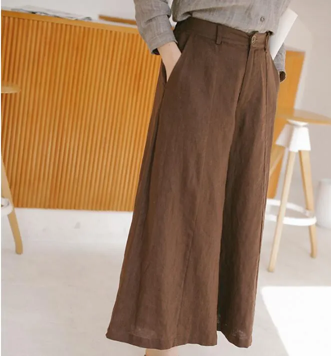 Coffee Linen Wide Leg Women Casual Pants SJ97235