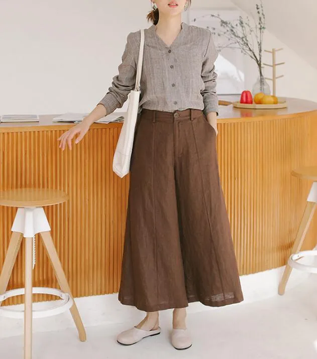 Coffee Linen Wide Leg Women Casual Pants SJ97235