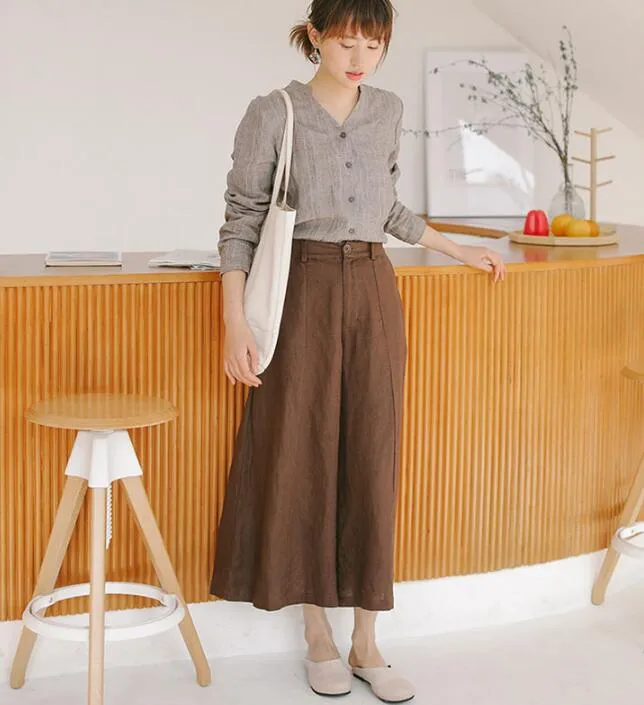 Coffee Linen Wide Leg Women Casual Pants SJ97235