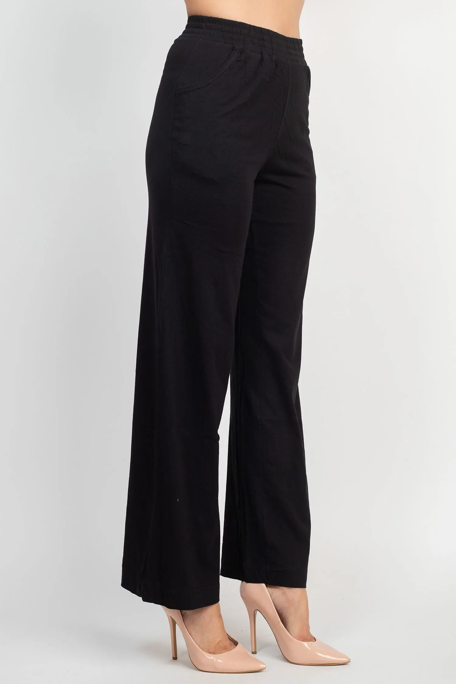 For the Republic Elastic Mid Waist Wide Leg Pockets Solid Pull-on Jersey Pant