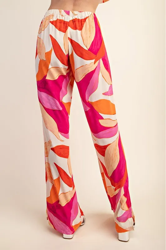 Fuchsia Printed Wide Leg Pants With Flared Slits