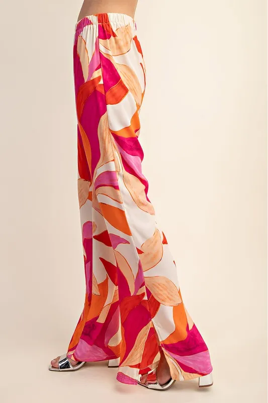 Fuchsia Printed Wide Leg Pants With Flared Slits