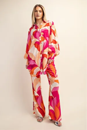 Fuchsia Printed Wide Leg Pants With Flared Slits