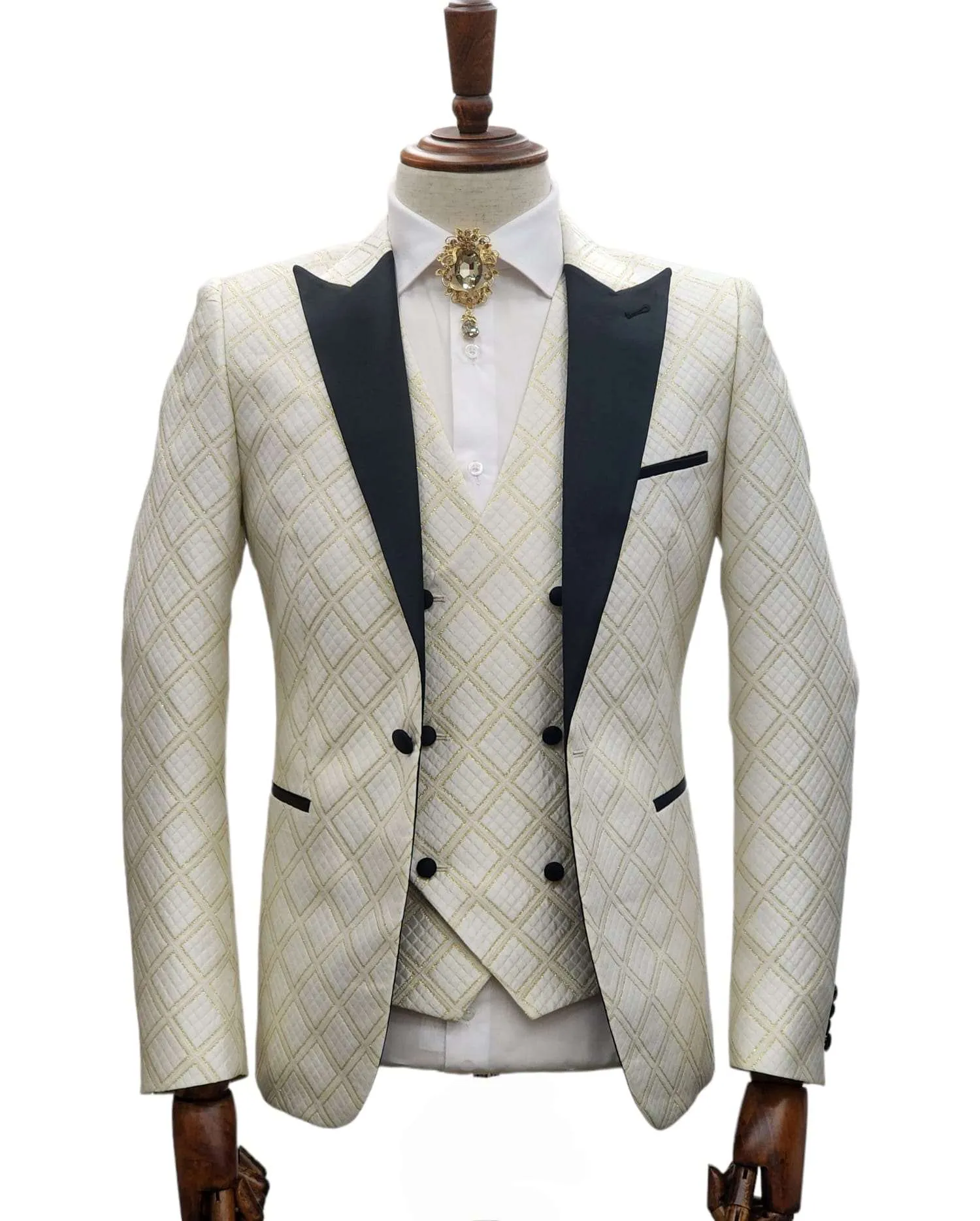 Giovanni Testi 1 Button 3 Pc Slim Fit Tuxedo GT1PA V-A1265 WHITE/GOLD