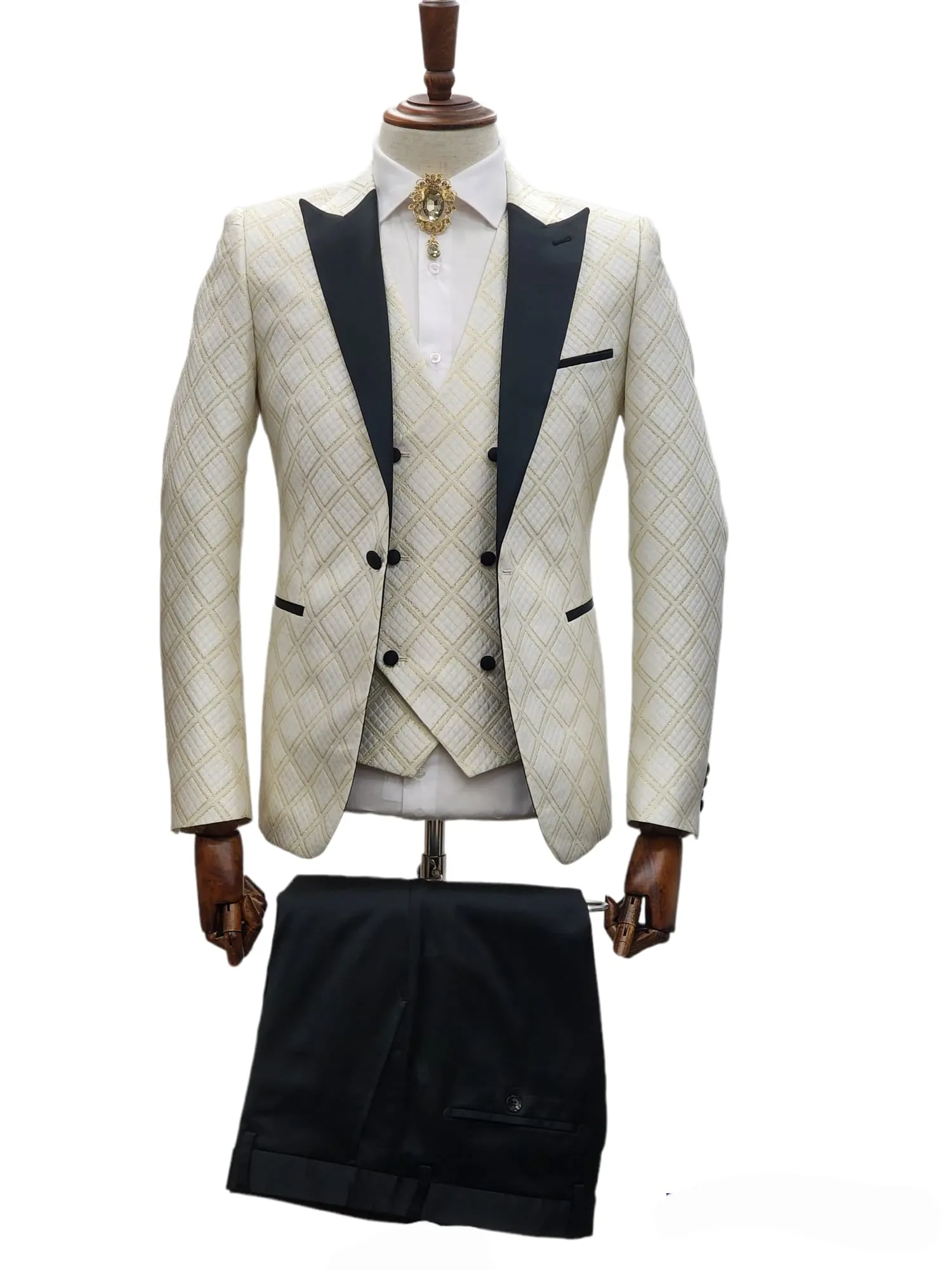 Giovanni Testi 1 Button 3 Pc Slim Fit Tuxedo GT1PA V-A1265 WHITE/GOLD