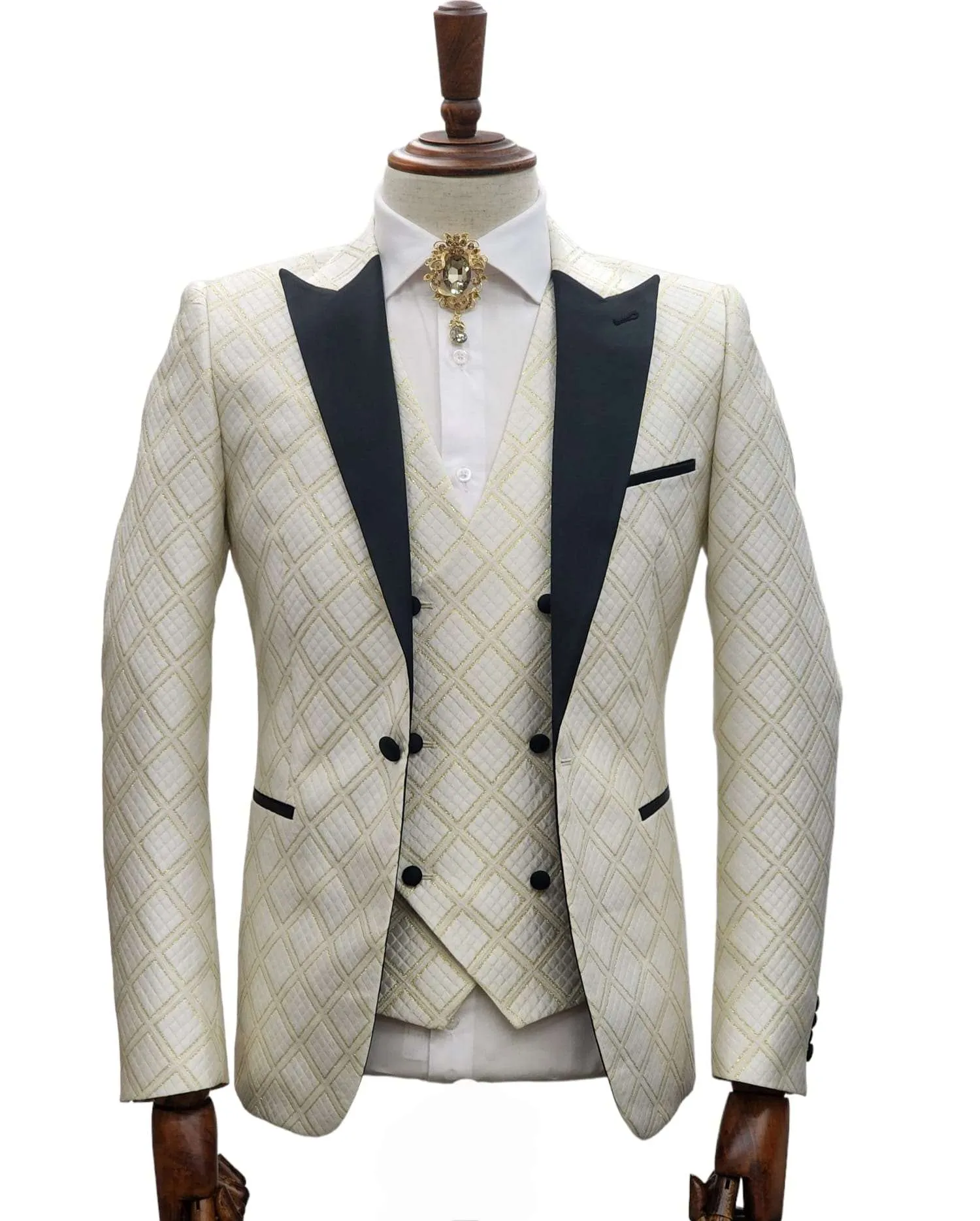 Giovanni Testi 1 Button 3 Pc Slim Fit Tuxedo GT1PA V-A1265 WHITE/GOLD