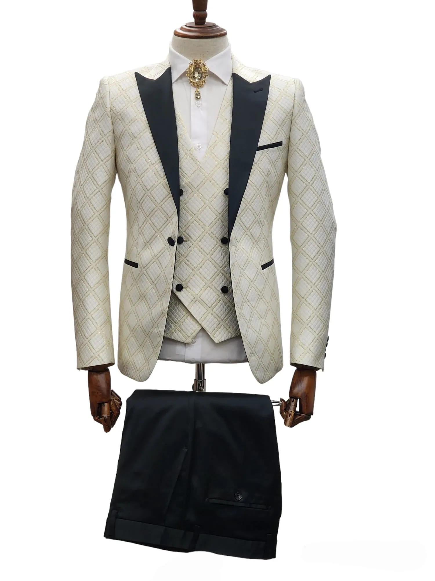 Giovanni Testi 1 Button 3 Pc Slim Fit Tuxedo GT1PA V-A1265 WHITE/GOLD