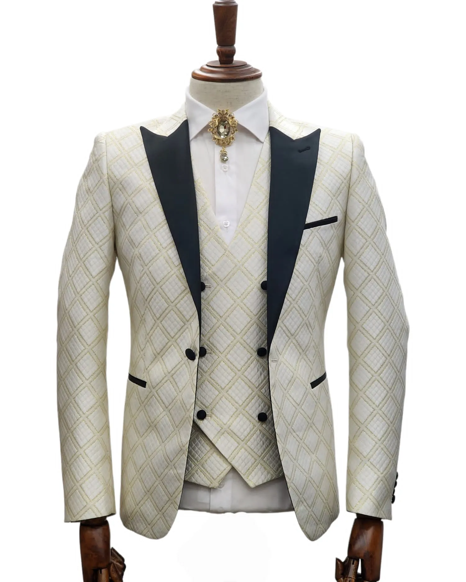 Giovanni Testi 1 Button 3 Pc Slim Fit Tuxedo GT1PA V-A1265 WHITE/GOLD