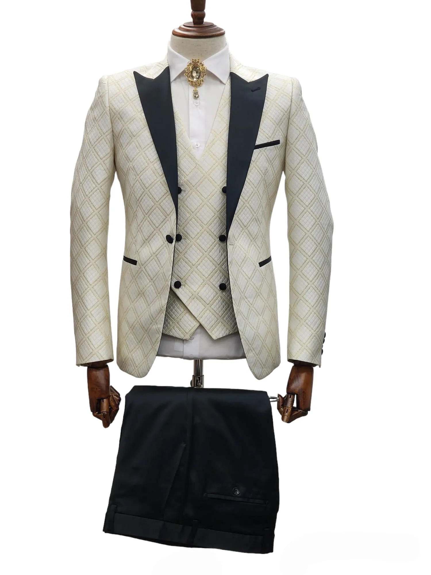 Giovanni Testi 1 Button 3 Pc Slim Fit Tuxedo GT1PA V-A1265 WHITE/GOLD