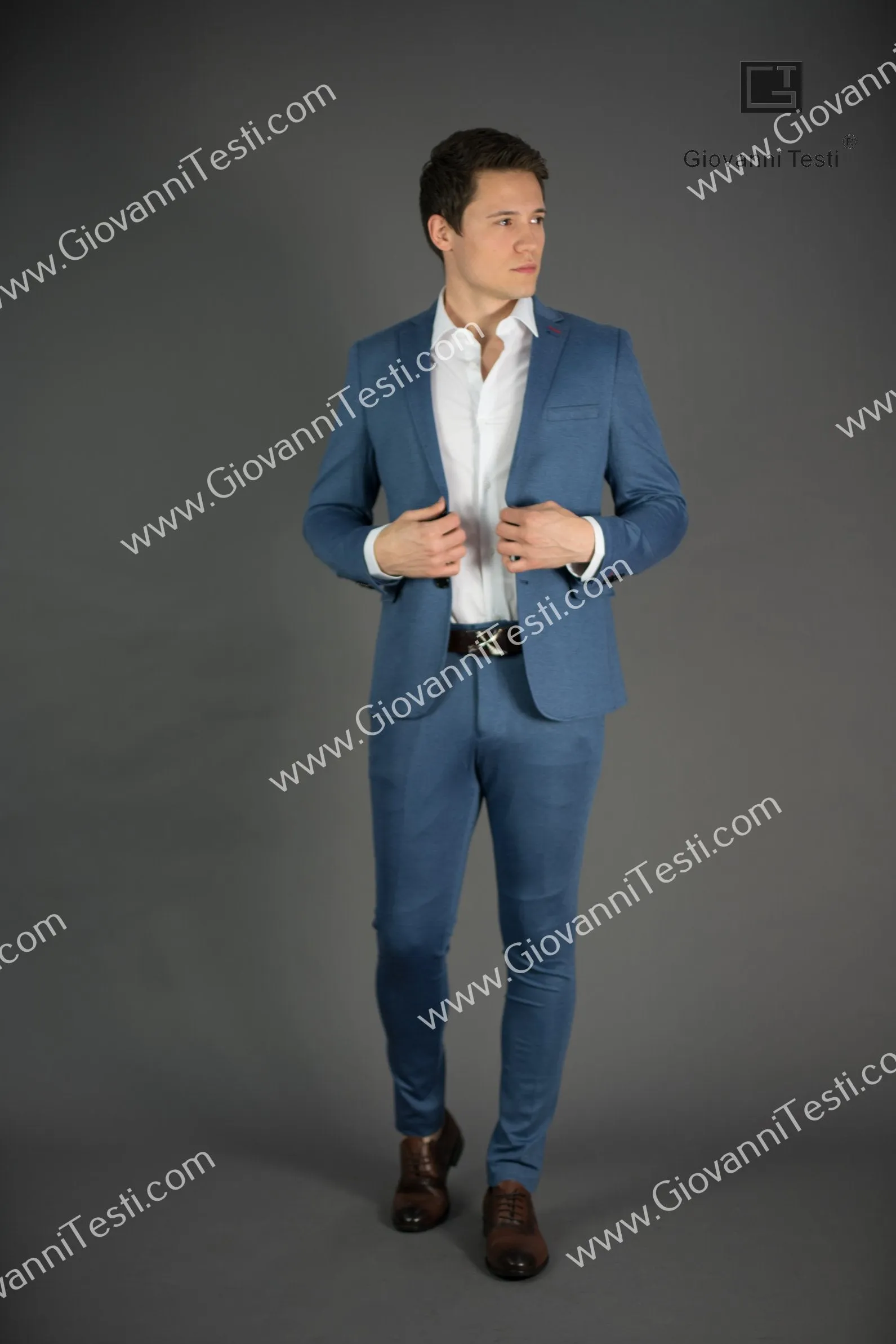 Giovanni Testi 2 button stretch Medium Blue Travel Suit GTRVL2N-01 M.BLUE