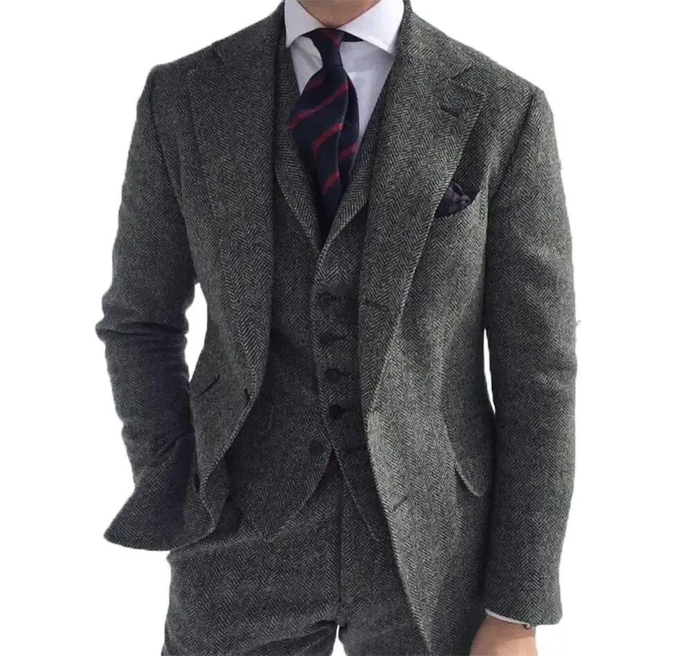 Gray Wool Tweed Winter Suit for Men Herringbone Slim Fit Formal Groom Tuxedo 3 Piece Wedding Male Suits (Jacket Vest Pants)