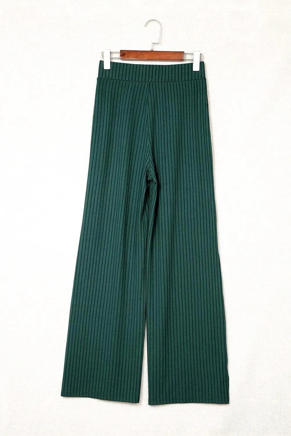 Green Ribbed Knit High Rise Wide Leg Pants