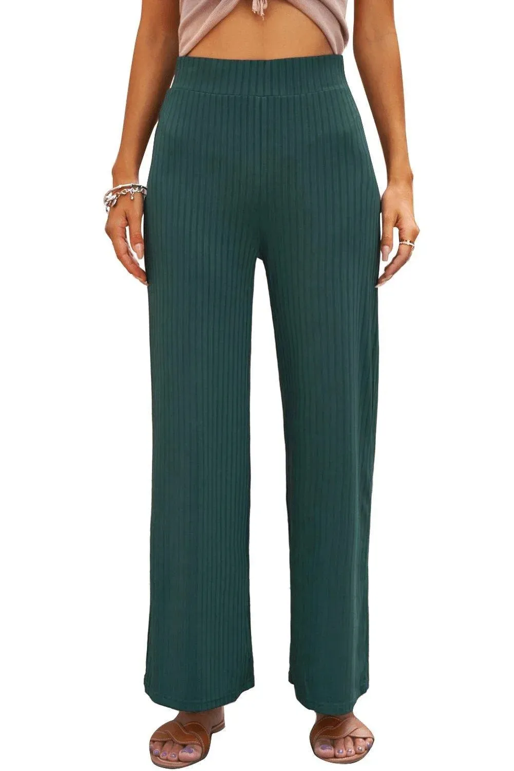 Green Ribbed Knit High Rise Wide Leg Pants