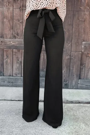 High Waist Front Tie Flared Pants Black