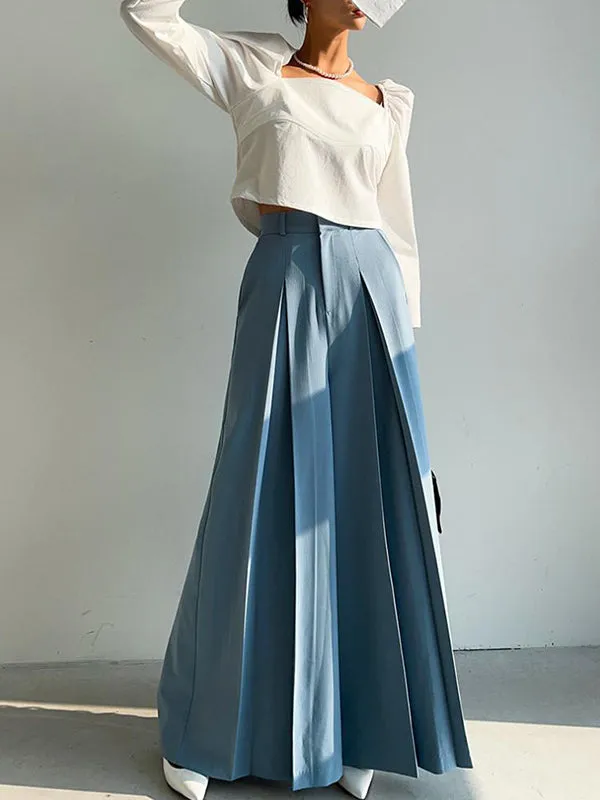 High Waisted Wide Leg Pleated Solid Color Casual Pants