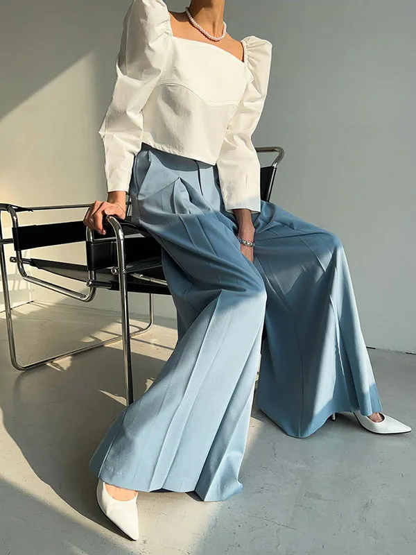 High Waisted Wide Leg Pleated Solid Color Casual Pants