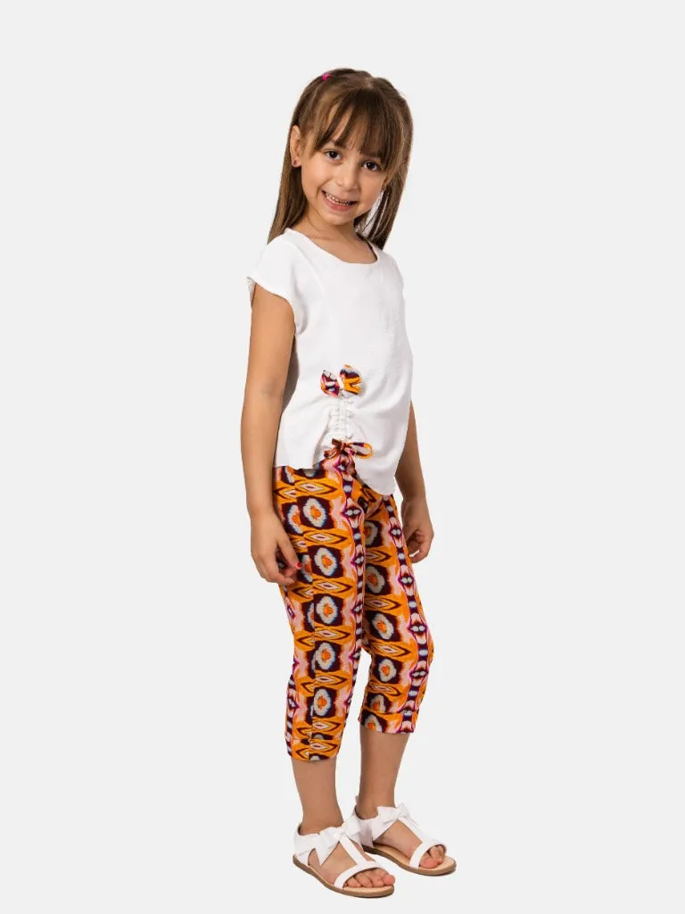 Junior Girl Roxane French Collection Drawstring Top with bow and Printed Pants Set - White and Orange