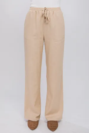 Khaki Linen Drawstring Waist Long Pants with Pockets