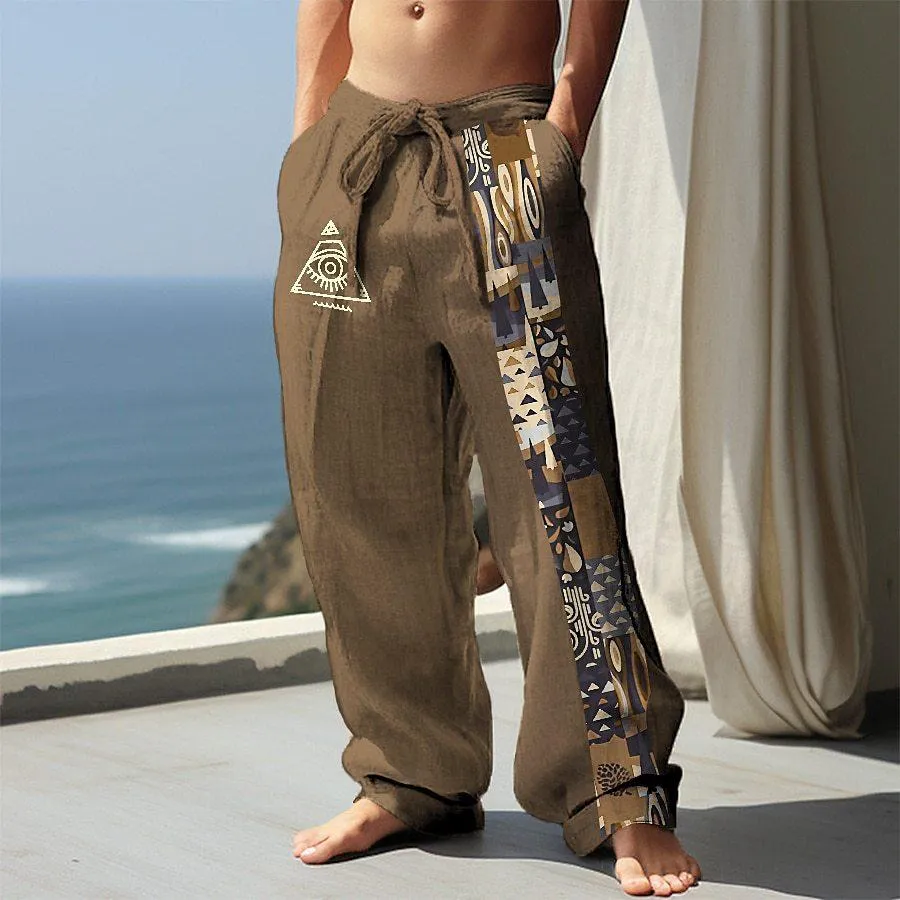 Men's Beach Drawstring Elastic Waist All Seeing Eye Print Comfortable Casual Resort Pants 25570196L