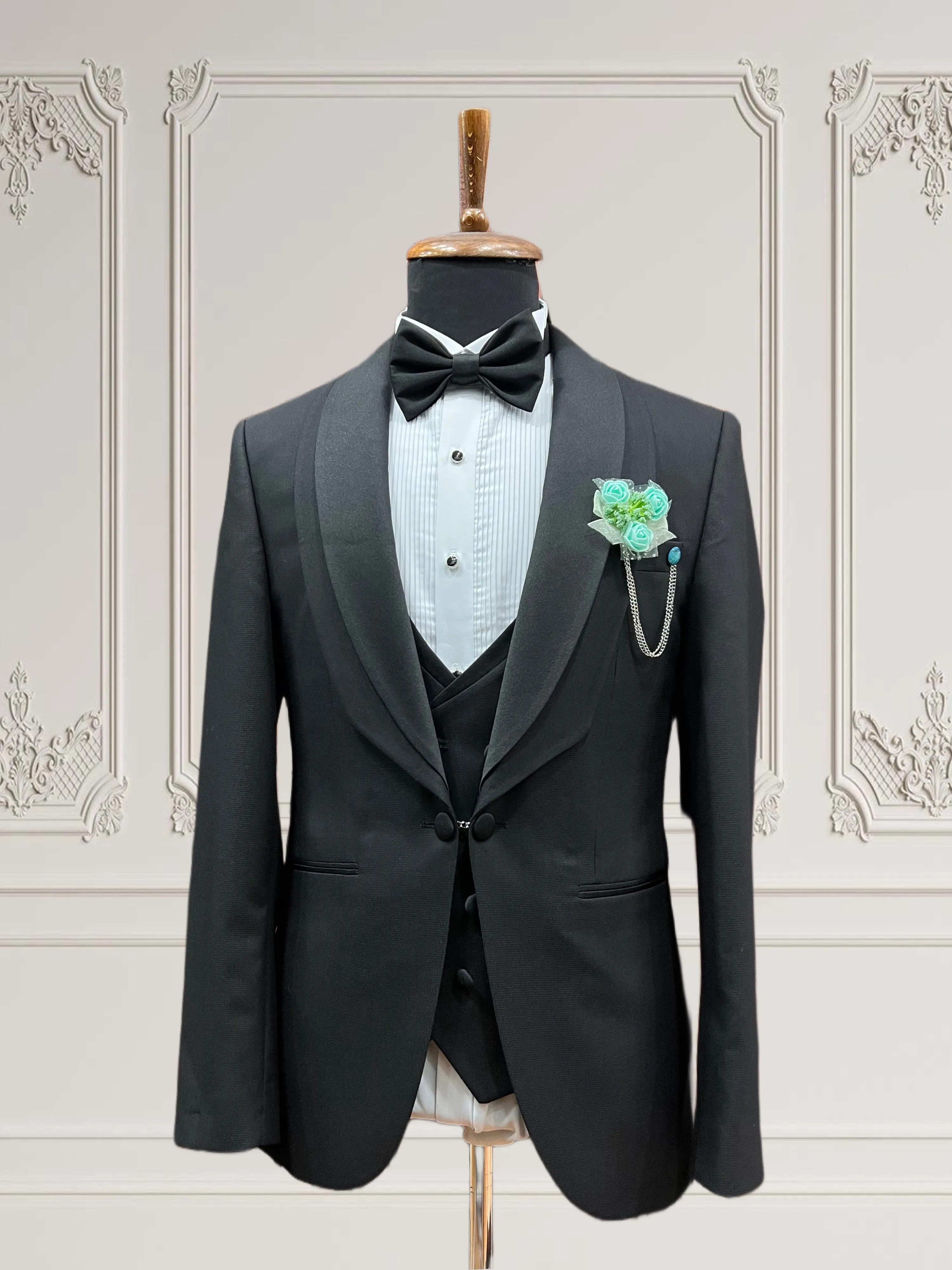 Mens Black Wedding tuxedo with Black Shawl Lapel Slim fit 4 piece Tuxedo | Premium Quality