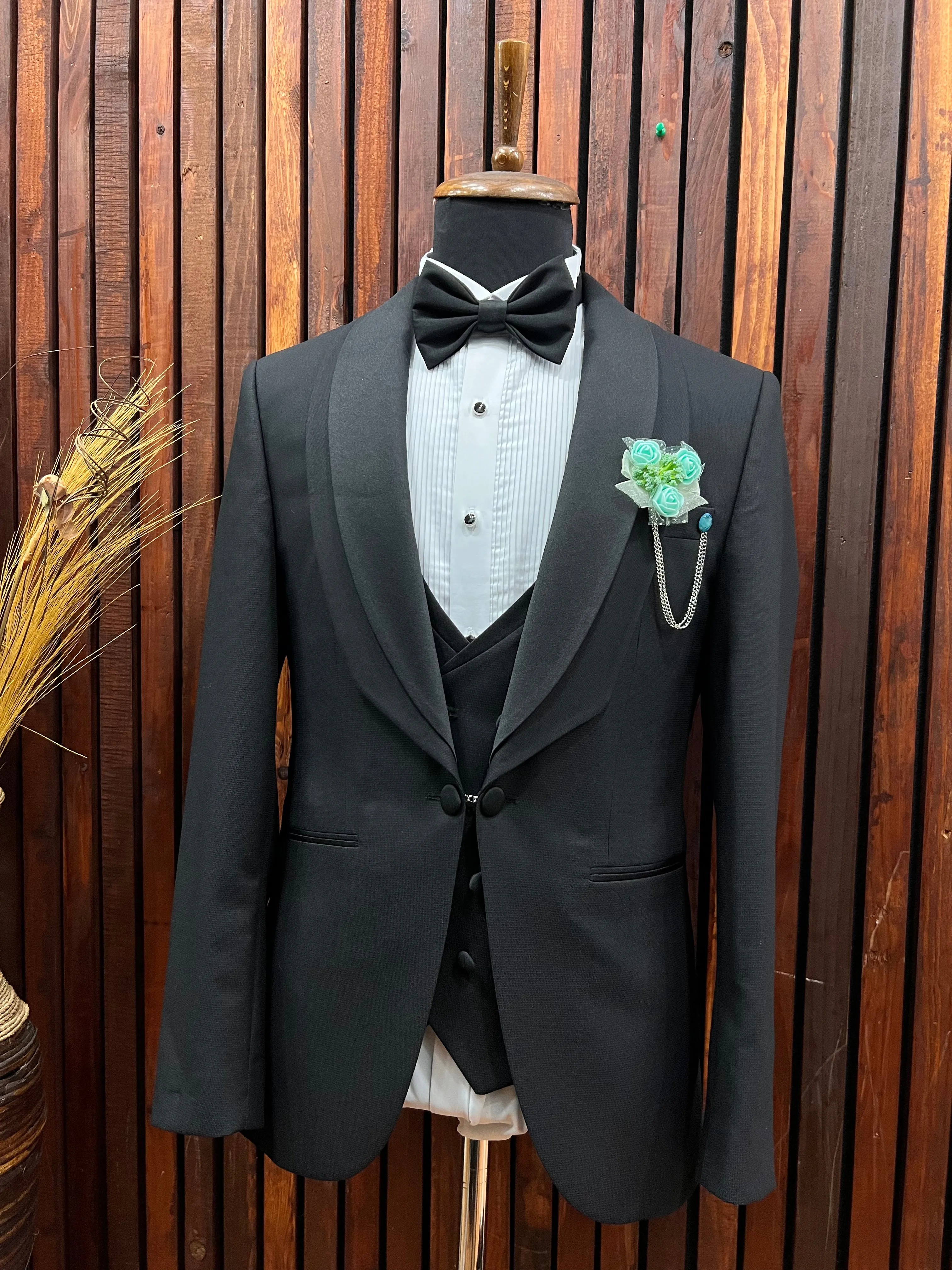 Mens Black Wedding tuxedo with Black Shawl Lapel Slim fit 4 piece Tuxedo | Premium Quality