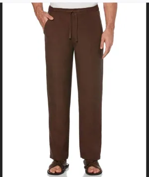 Mens Cubavera Solid Drawstring Elastic Linen Pants - C85B0063-BROWN