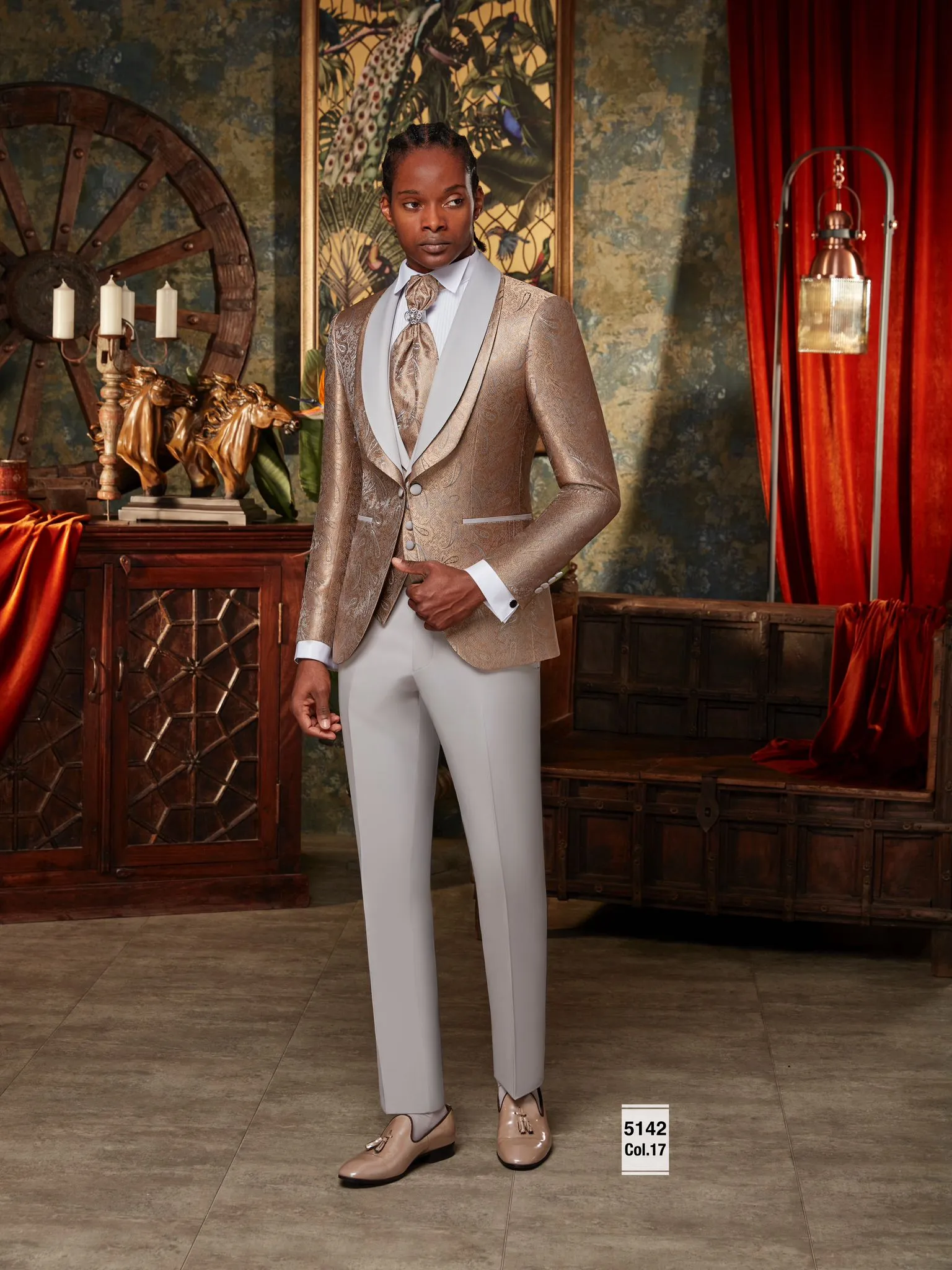 Men's Gold Tuxedo with Grey Shawl Lapel | Luxurious Formal Wear