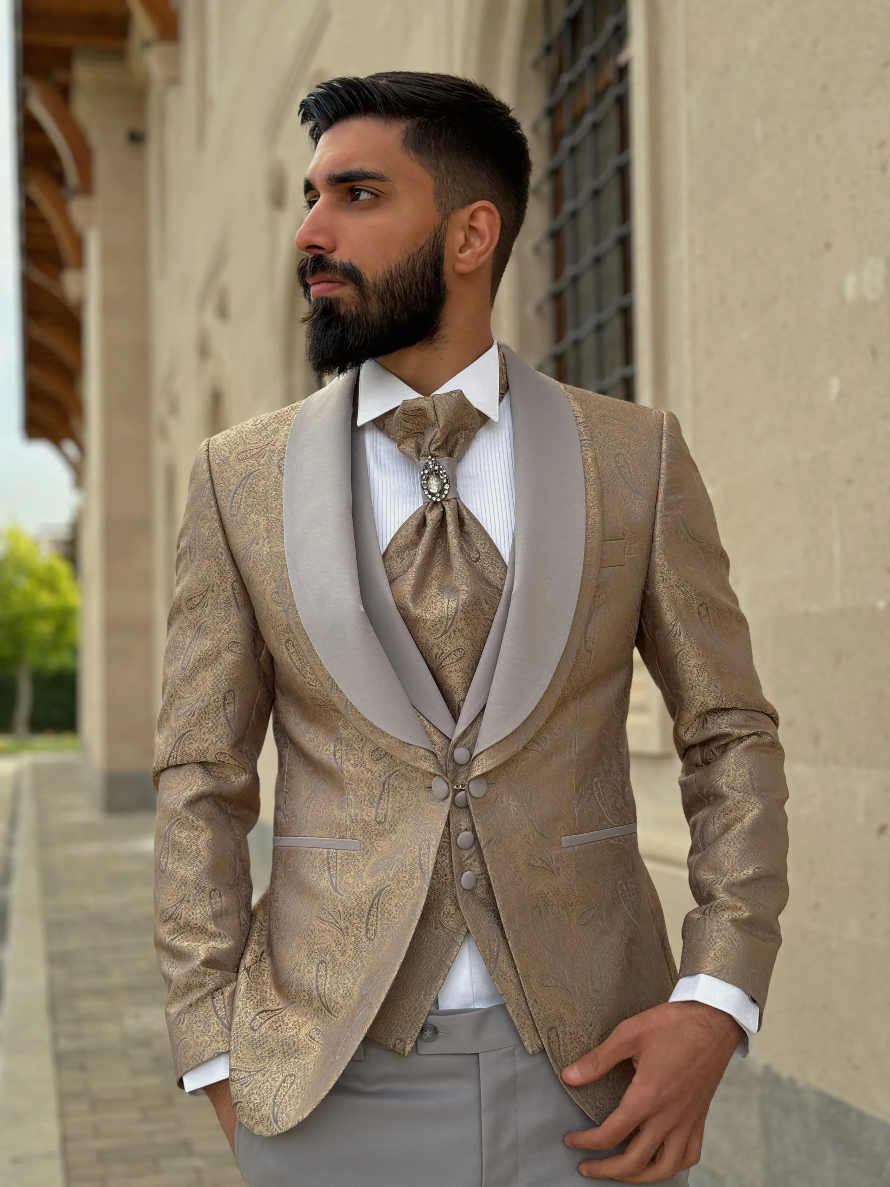 Men's Gold Tuxedo with Grey Shawl Lapel | Luxurious Formal Wear