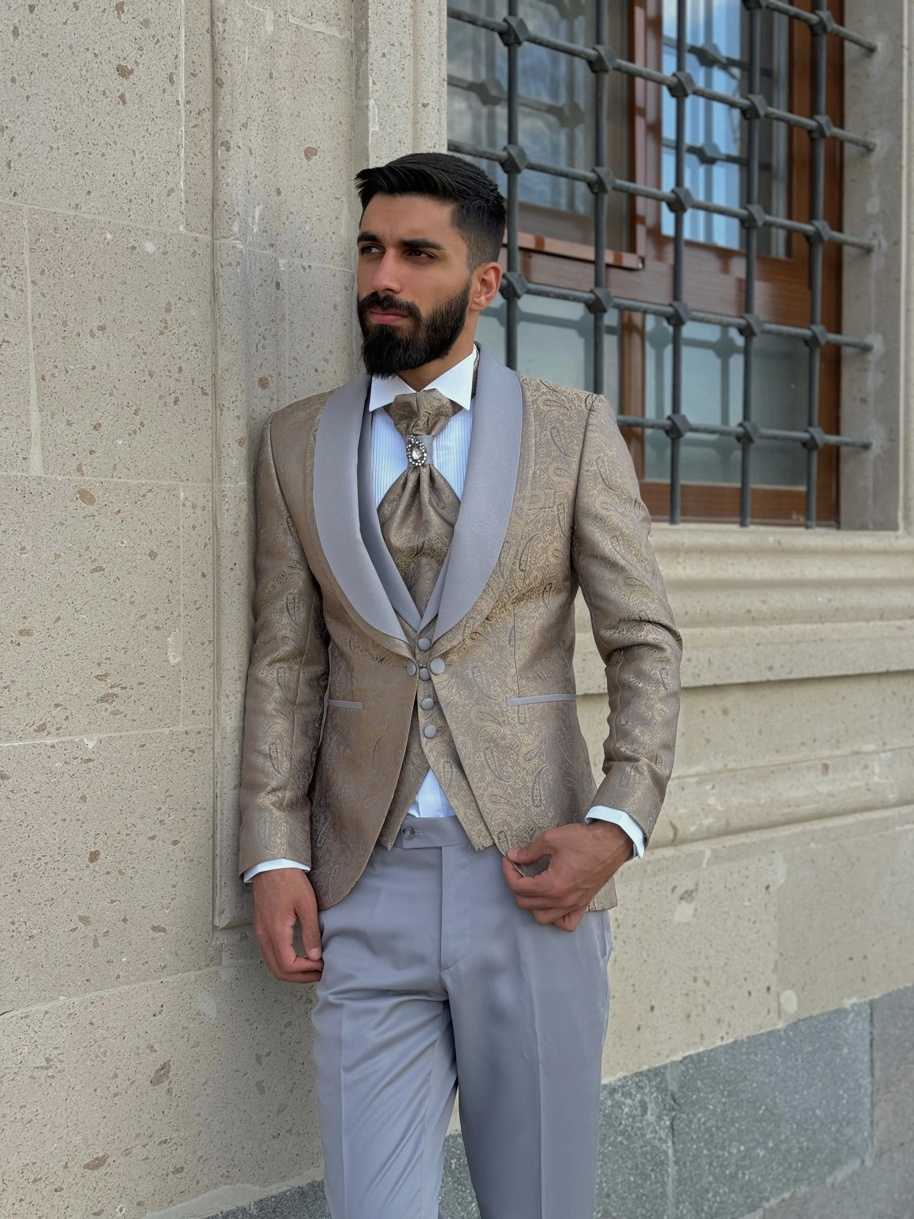 Men's Gold Tuxedo with Grey Shawl Lapel | Luxurious Formal Wear