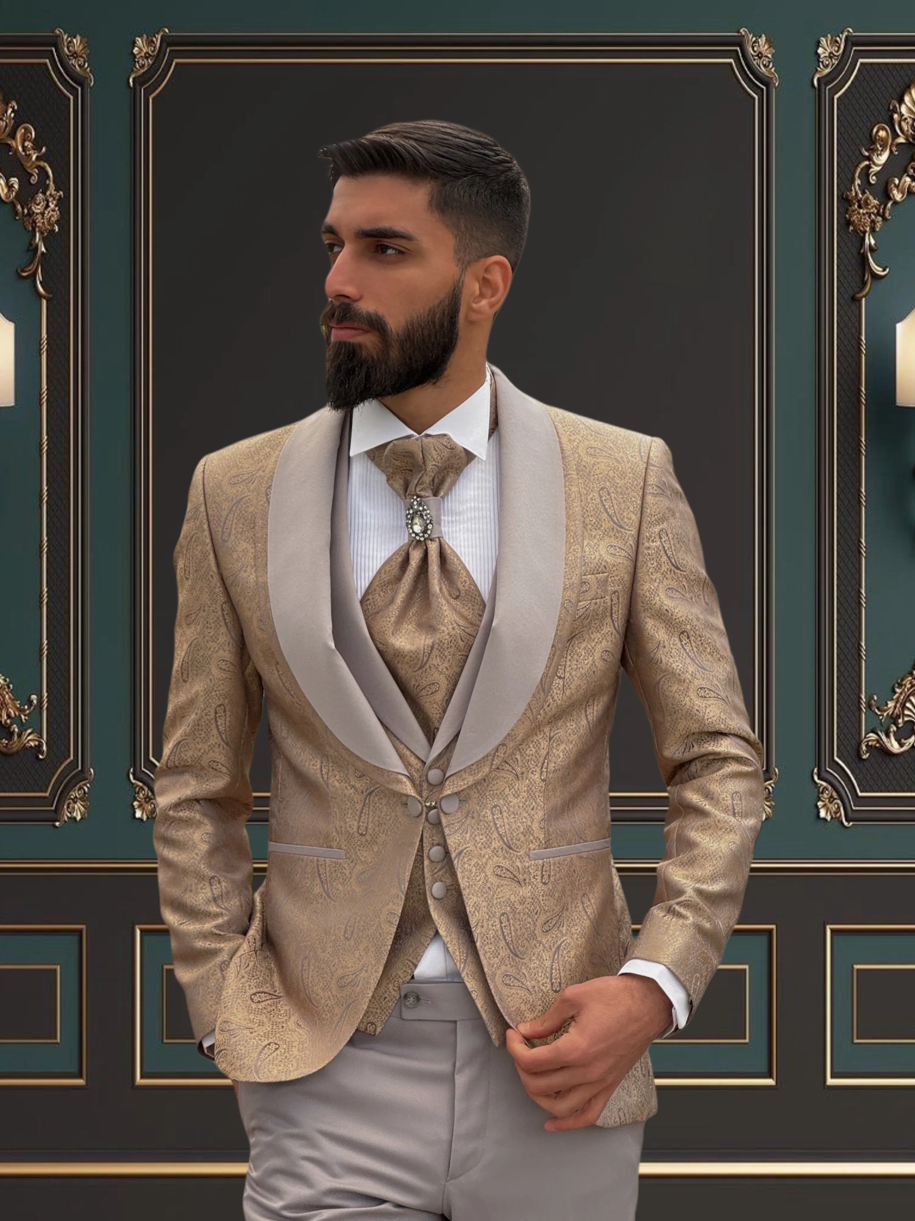 Men's Gold Tuxedo with Grey Shawl Lapel | Luxurious Formal Wear