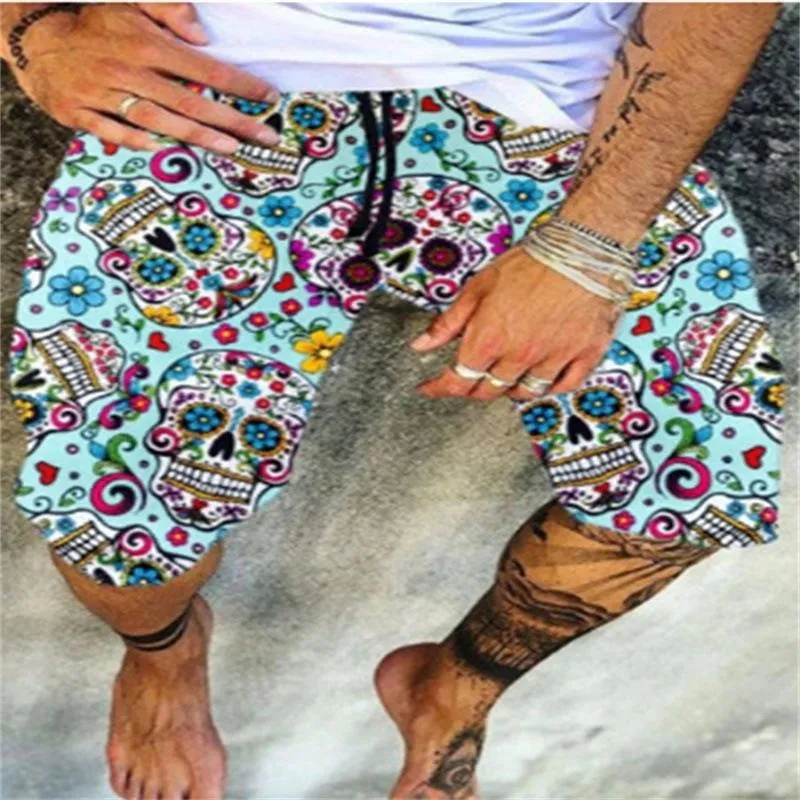 Men's Skull Printed Casual Shorts Fashionable Hawaiian Resort Beach Shorts 23728500L