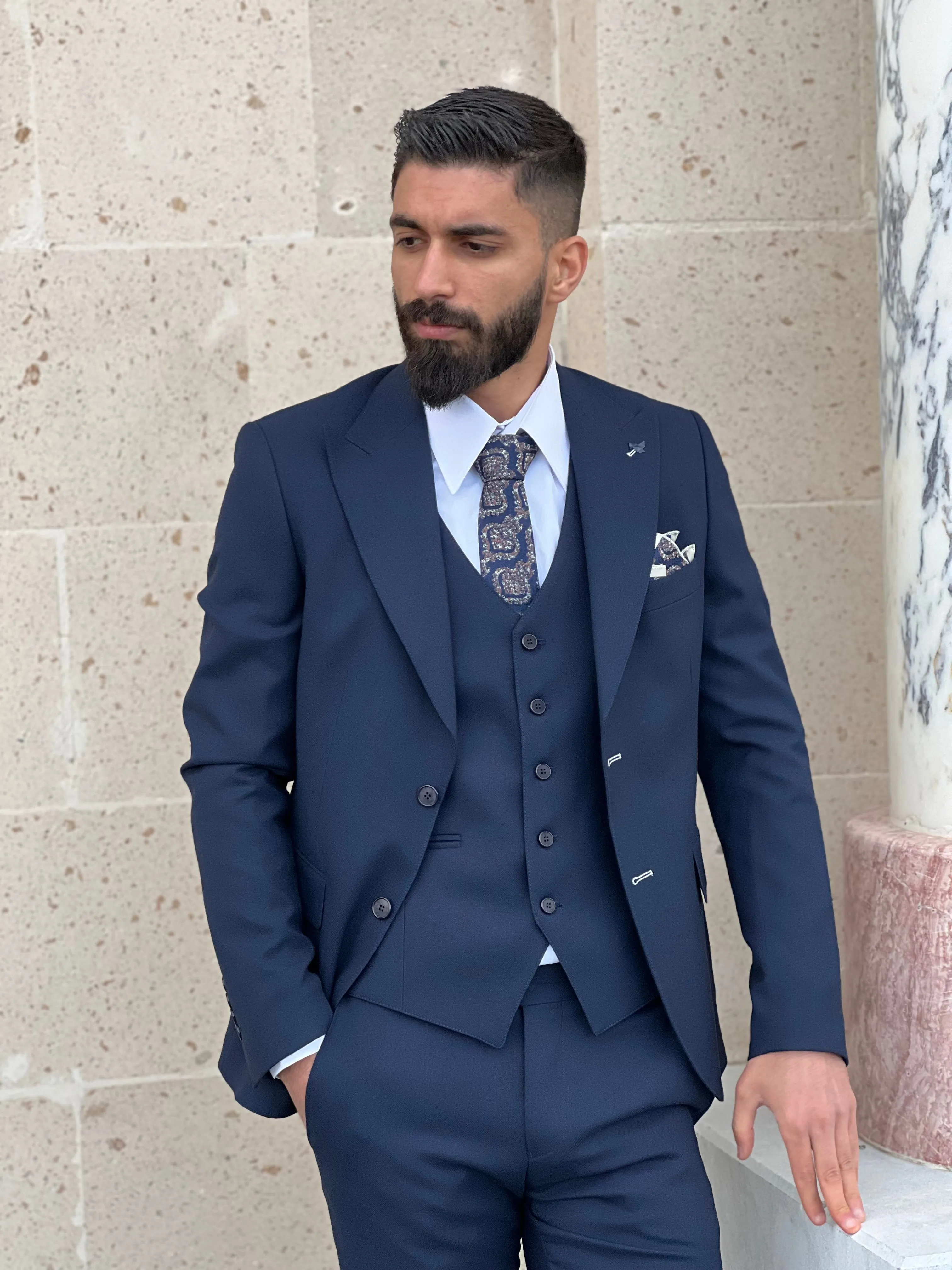 Mens Slim Fit Navy Blue Color Suit | 3 Piece Wool Suit premium 4 way stretch