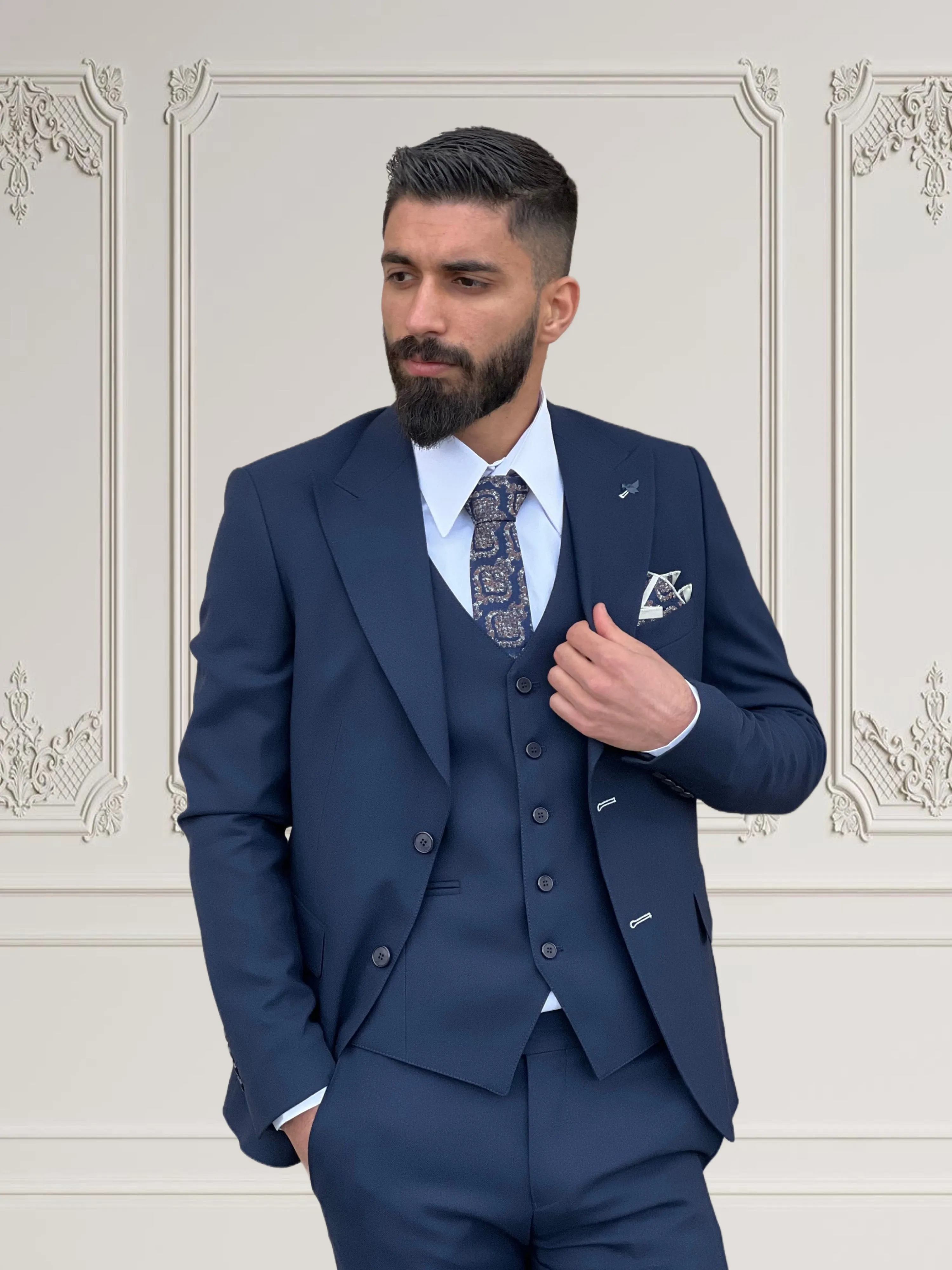 Mens Slim Fit Navy Blue Color Suit | 3 Piece Wool Suit premium 4 way stretch