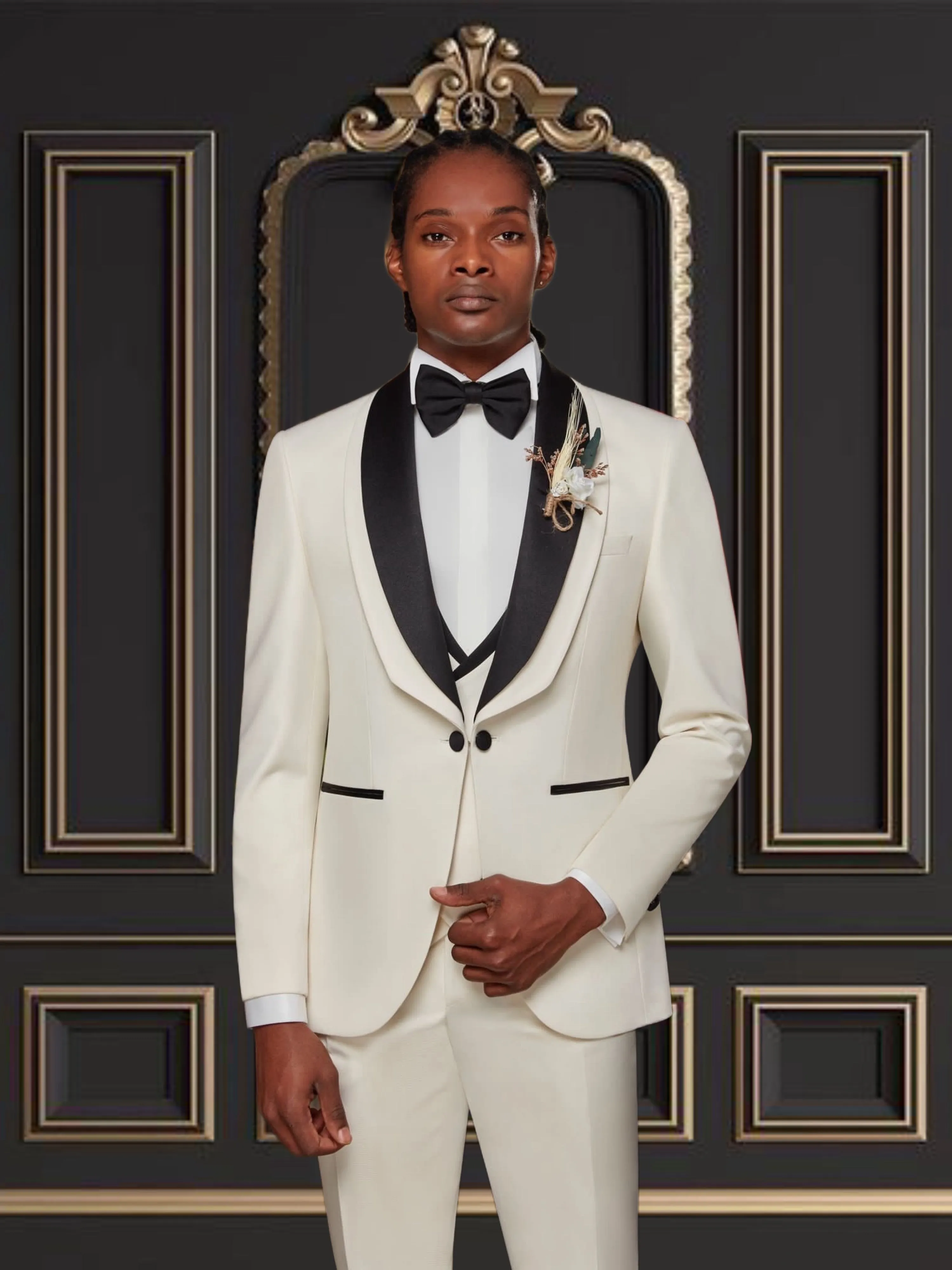 Mens white tuxedo with Black Shawl Lapel Slim Fit 4 piece Tuxedo | Premium Quality