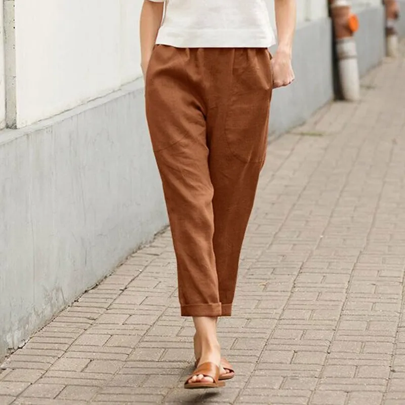 Plain Cotton Linen Casual Pants for Women