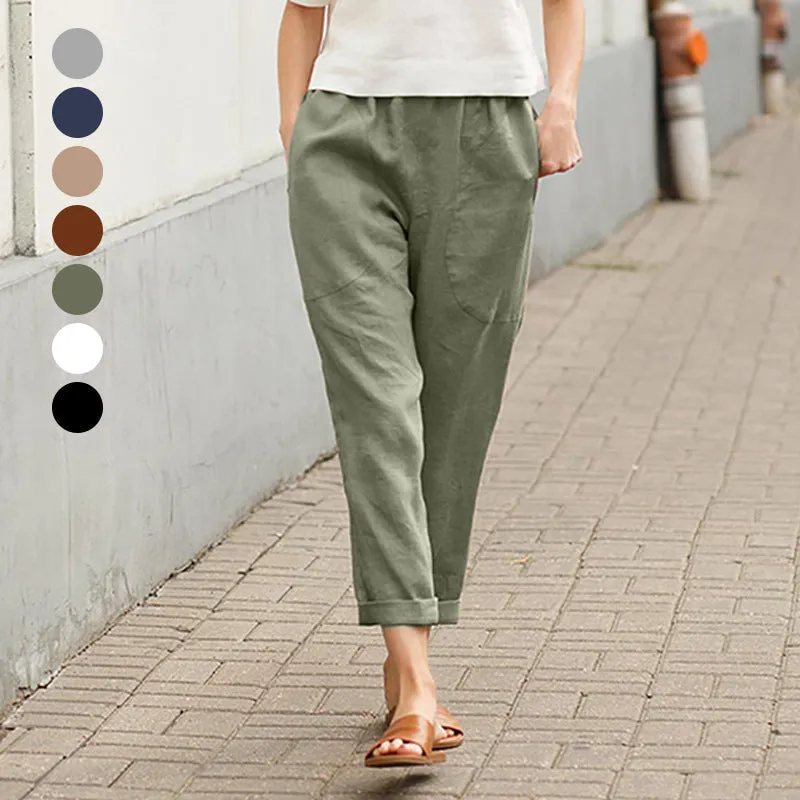 Plain Cotton Linen Casual Pants for Women