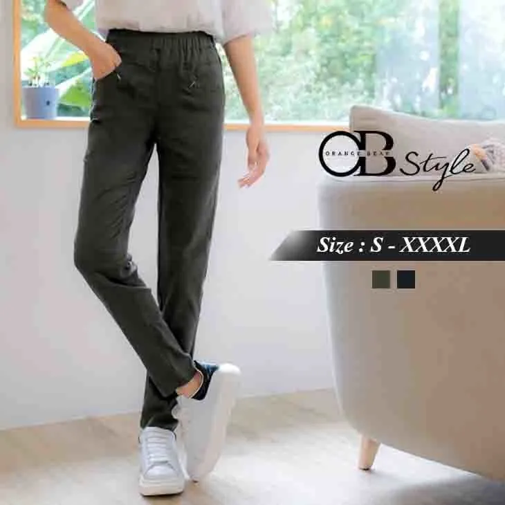 POCKETS ELASTIC WAIST LONG PANTS