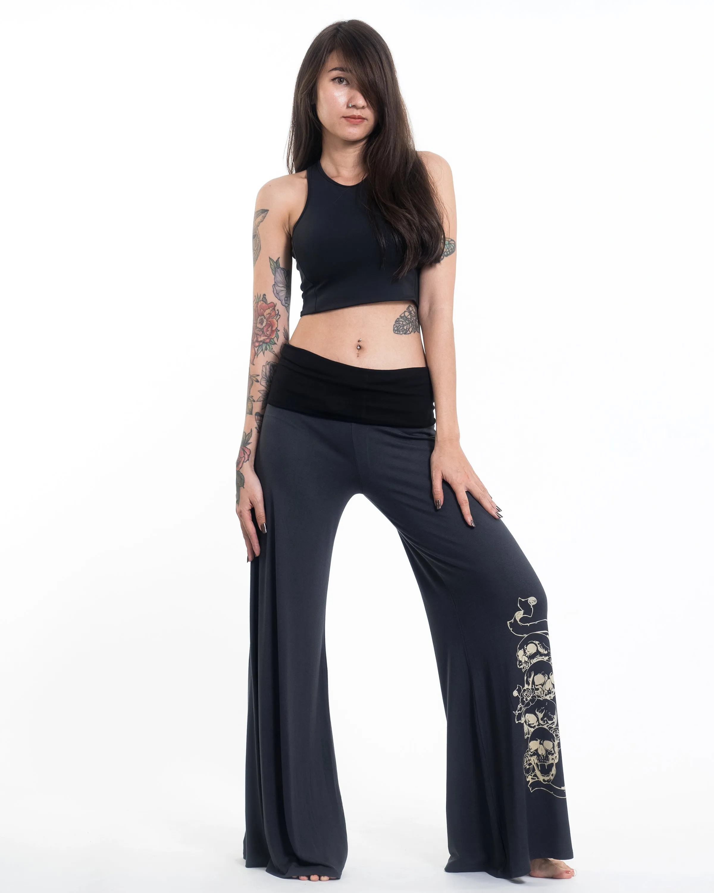 Skulls Spandex Wide Leg Palazzo Pants in Gray