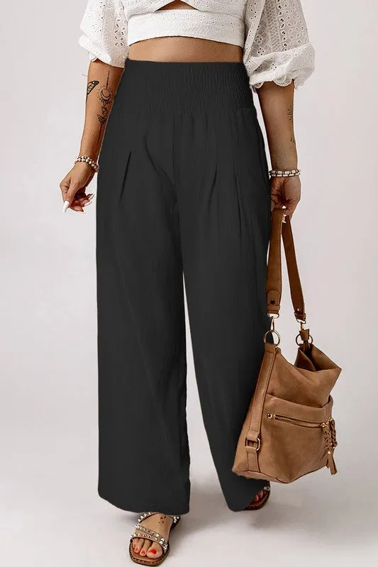 Smocked High Waist Wide Leg Pants with Flattering Waistband & Leg-elongating Design