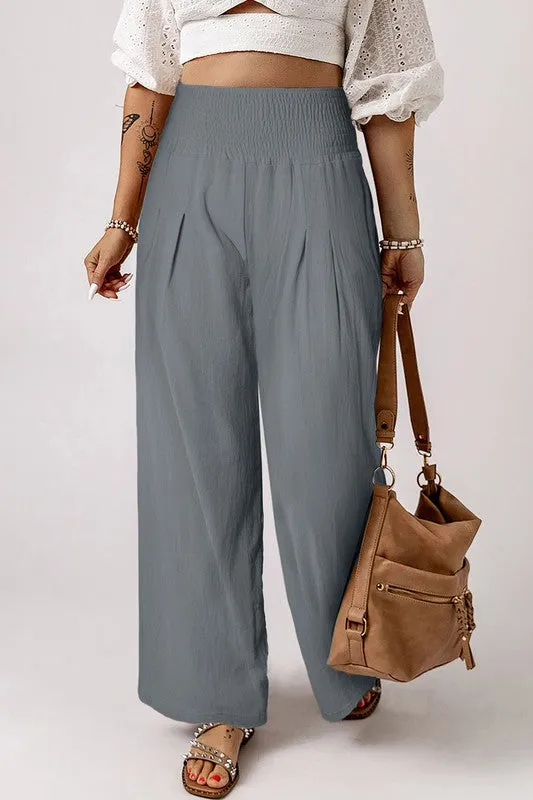 Smocked High Waist Wide Leg Pants with Flattering Waistband & Leg-elongating Design