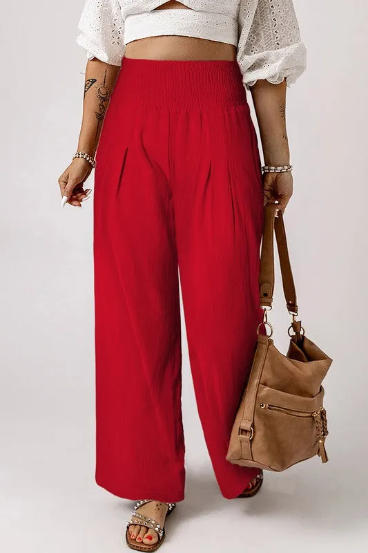 Smocked High Waist Wide Leg Pants with Flattering Waistband & Leg-elongating Design