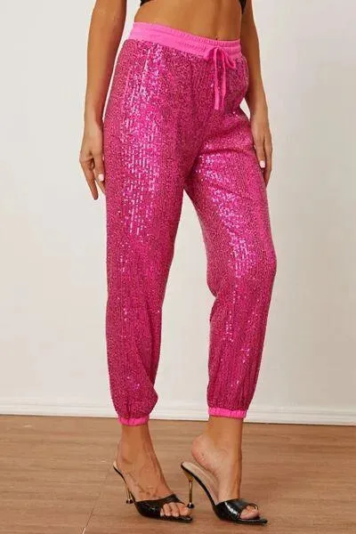 Sparkle Up Your Look with Hot Pink Sequin Drawstring Pants - Shop the Latest Trend Today