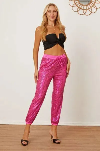 Sparkle Up Your Look with Hot Pink Sequin Drawstring Pants - Shop the Latest Trend Today